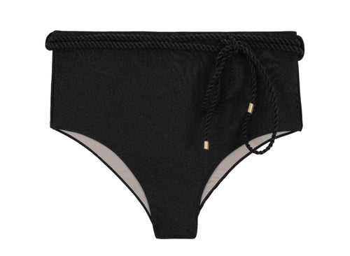 Product Front: Rio De Sol Figi Bikini Bottom Shimmer-Black Belted-High-Waist